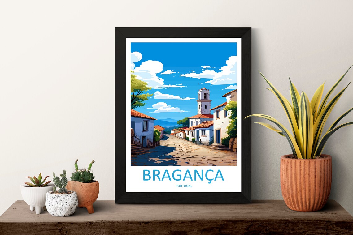 Braganca Portugal Historic Cobblestone Street Scene Travel Poster - Image 3