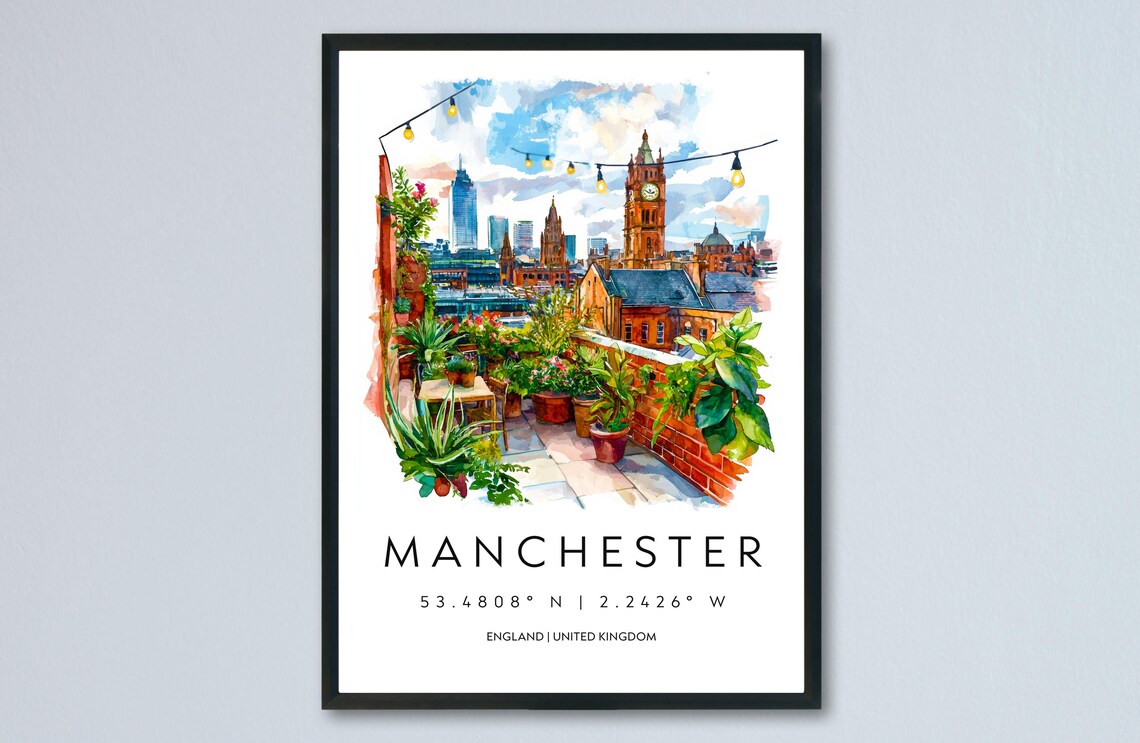 Manchester Rooftop Terrace With Skyline Watercolor England Travel Poster