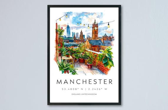 Manchester Rooftop Terrace With Skyline Watercolor England Travel Poster
