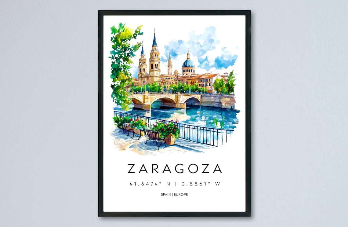 Zaragoza Spain River Bridge Basilica Watercolor Travel Poster