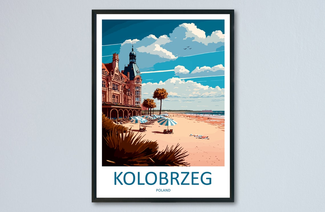 Kolobrzeg Poland Beach Umbrellas Grand Hotel Summer Scene Poster