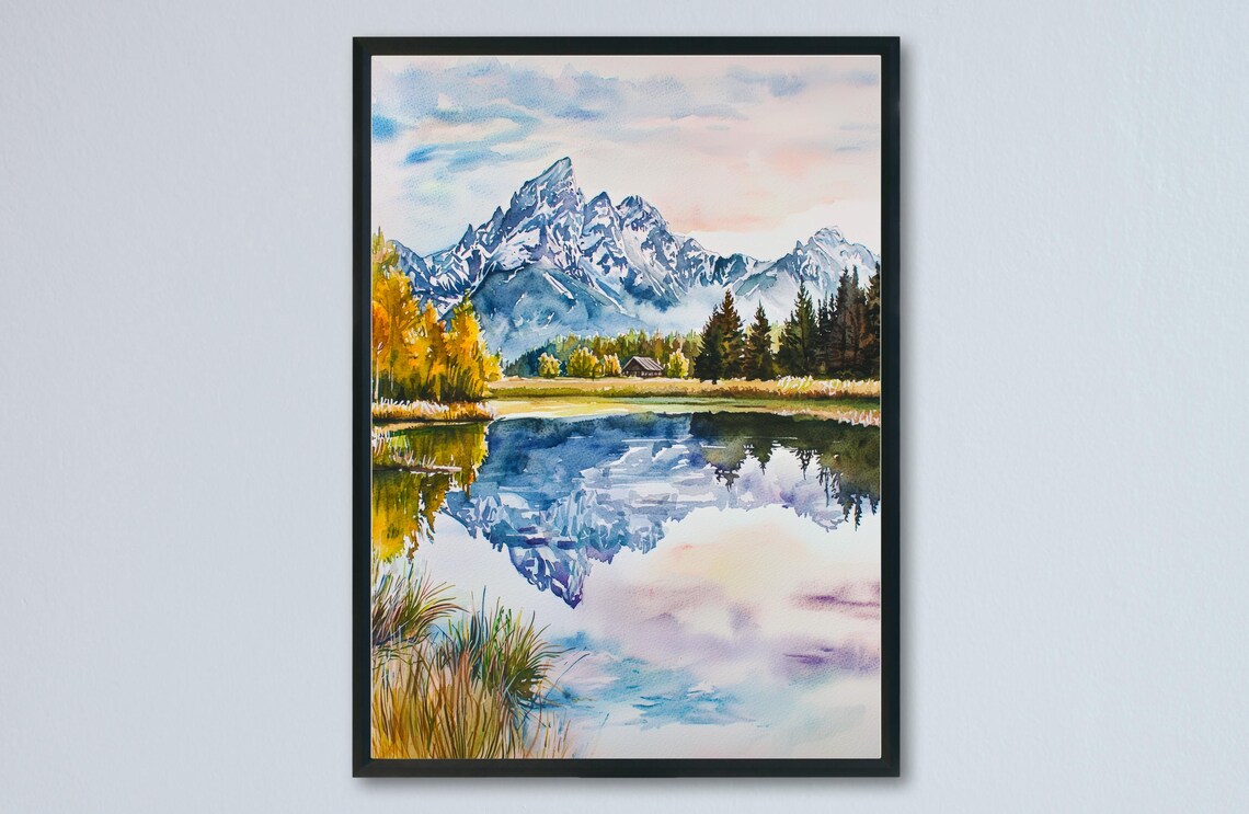 Grand Teton National Park Lake Reflection Peaks Watercolor Art Poster