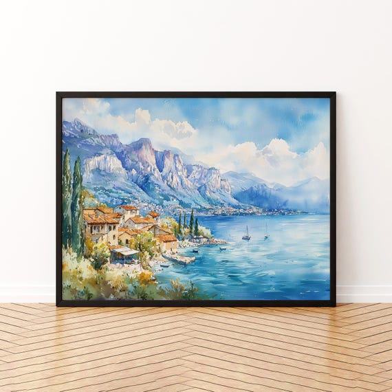 Lake Garda Watercolor Poster Landscape Wall Art Hanging Home Dcor Gift Lovers Italy