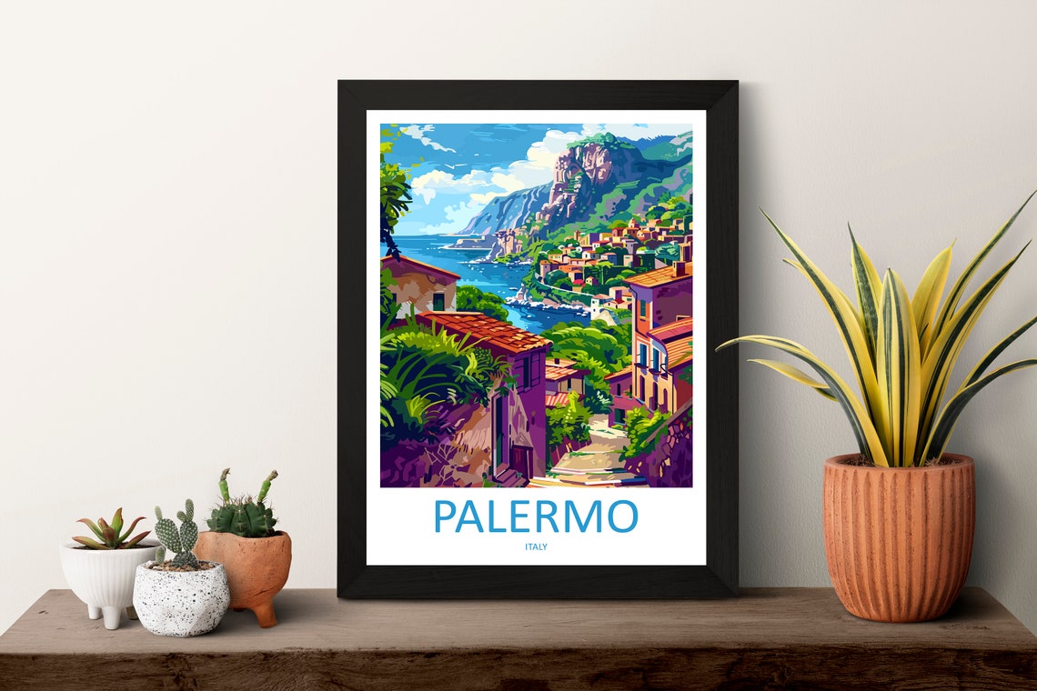 Palermo Sicily Italy Coastal Town Under Cliffs View Travel Poster - Image 2