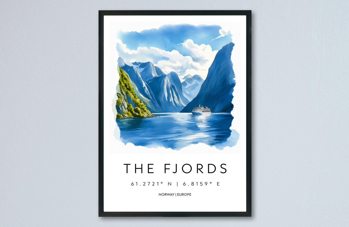 Norwegian Fjords Cruise Ship Watercolor Mountain Fjord Poster