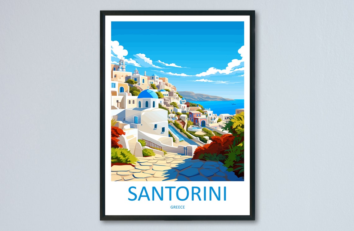 Santorini Greece White Village Blue Domes Over Aegean Sea Poster