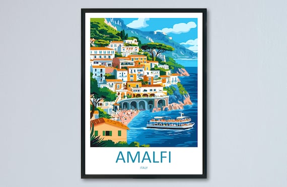 Amalfi Italy Seaside Cliff Town Ferry Boats Vintage Travel Poster