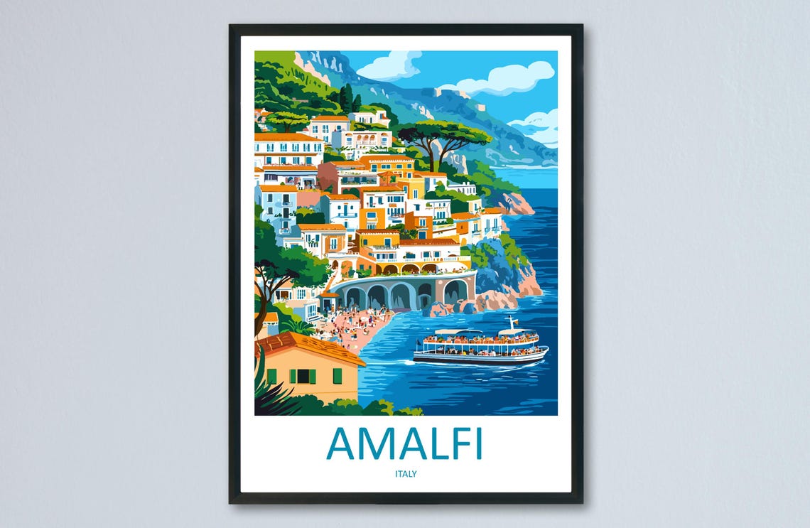 Amalfi Italy Seaside Cliff Town Ferry Boats Vintage Travel Poster