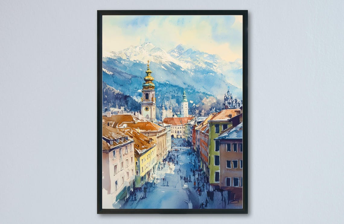Innsbruck Alpine Old Town Street Snowy Peaks Watercolor Poster