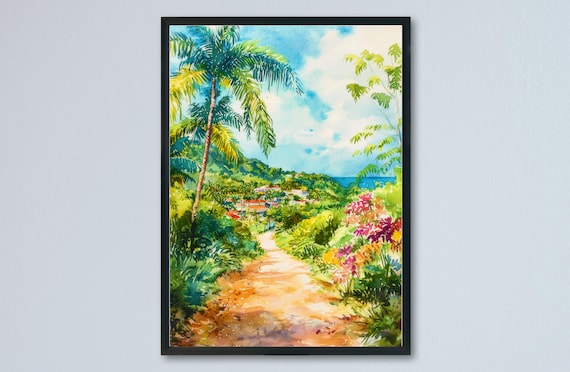 Trinidad And Tobago Watercolor Tropical Caribbean Coast Path Poster