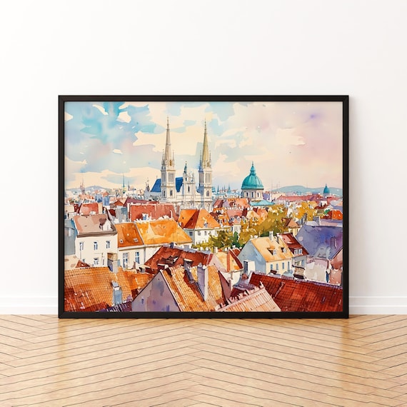 Zagreb Cathedral Twin Spires Old Town Rooftops Croatia Watercolor Poster