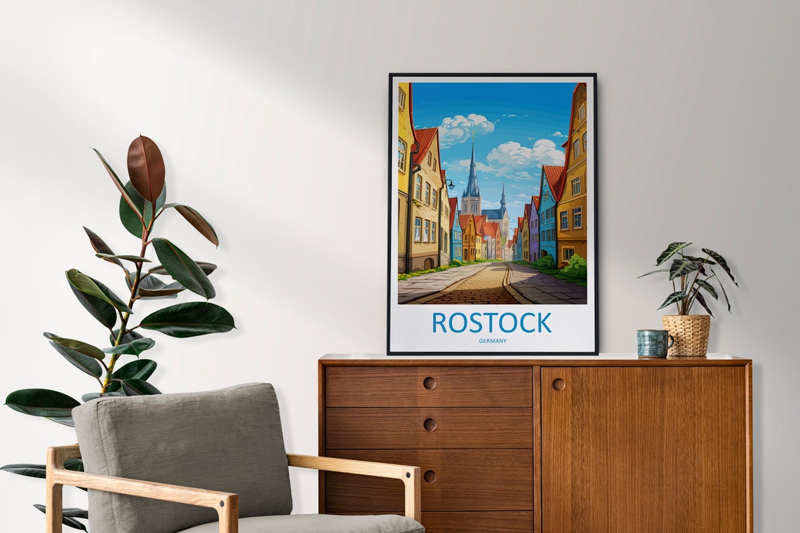 Rostock Germany Colorful Old Town Street Church Tower Poster - Image 2