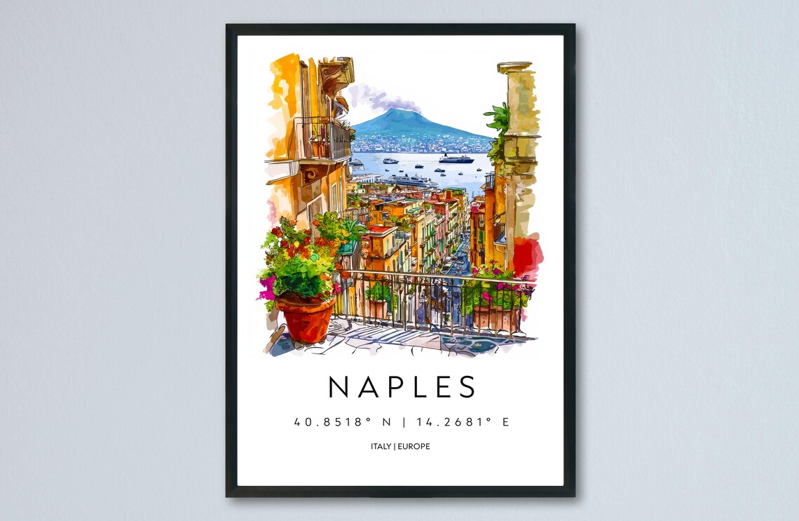 Naples Italy Bay Volcano View Watercolor Travel Poster with Coordinates