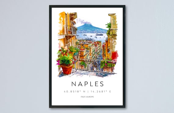 Naples Italy Bay Volcano View Watercolor Travel Poster with Coordinates