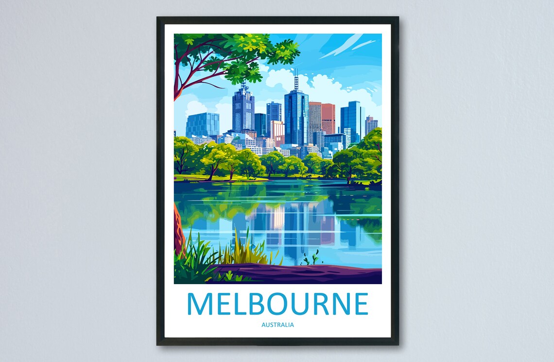 Melbourne Australia City Skyline Lake Reflection Travel Poster