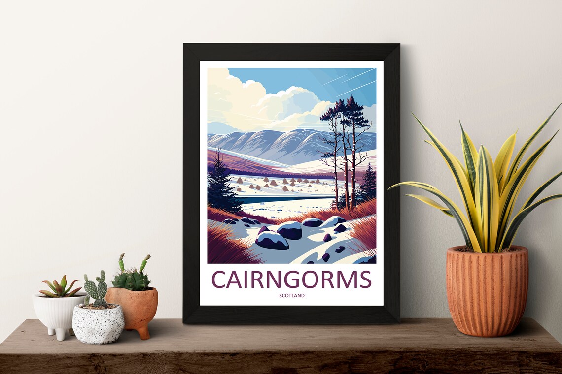 Cairngorms Scotland Snowy Mountain Winter Illustrated Travel Poster - Image 3