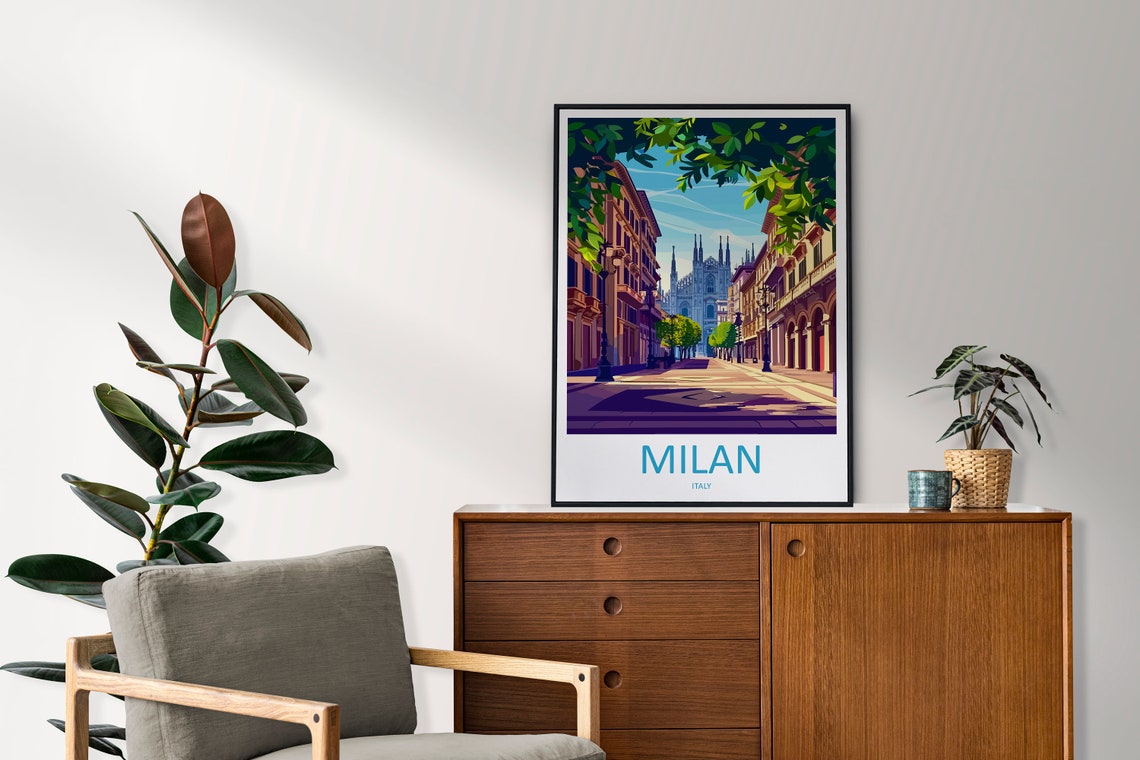 Milan Italy Street Poster with Duomo Cathedral in Leafy Avenue - Image 2