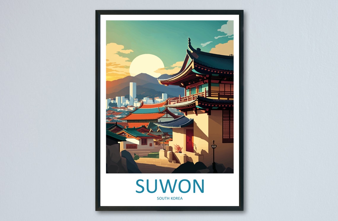 Suwon South Korea Temple District Cityscape Sunset Travel Poster