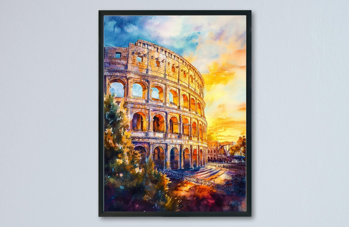 Rome Colosseum Sunset Watercolor Golden Ancient Amphitheatre View Poster