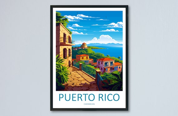 Puerto Rico Caribbean Colonial Coastal Town Sea View Travel Poster