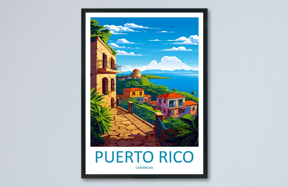 Puerto Rico Caribbean Colonial Coastal Town Sea View Travel Poster