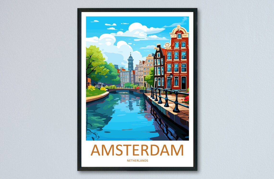 Amsterdam Netherlands Canal Gabled Houses Sunny Day Travel Poster