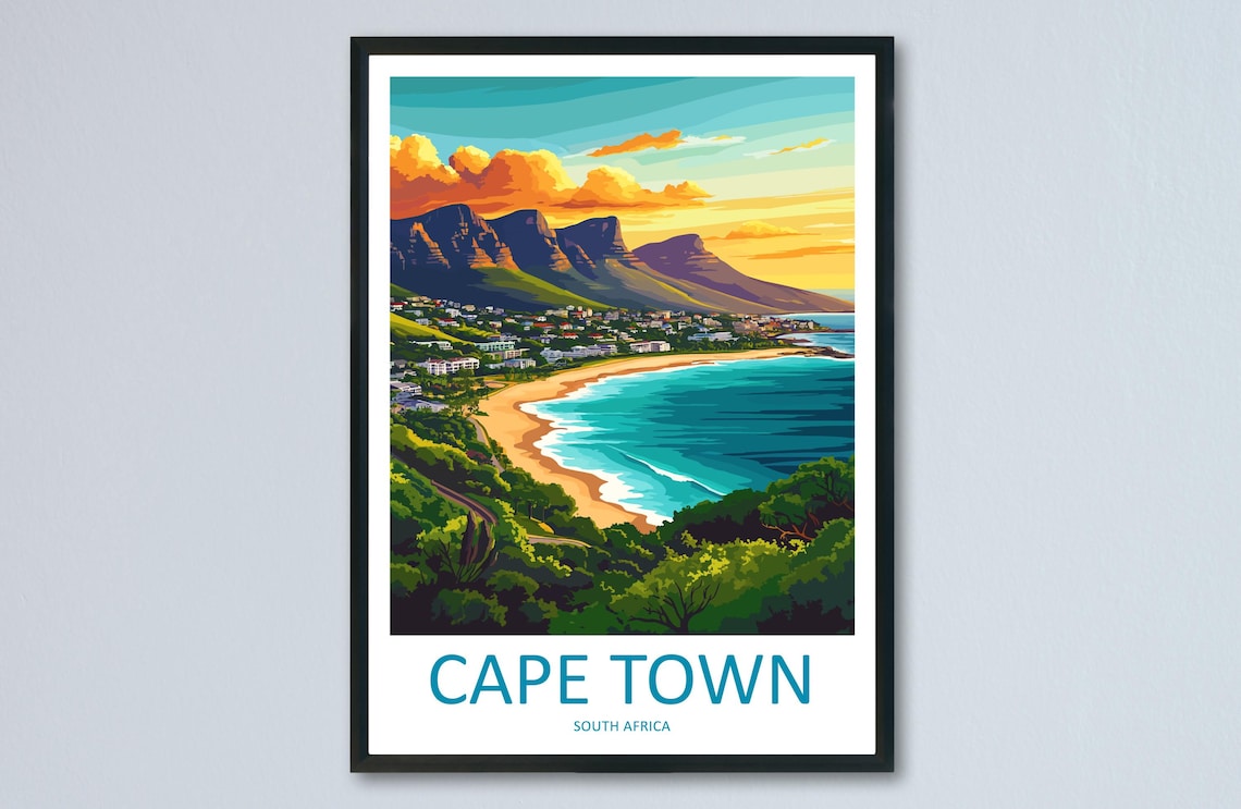 Cape Town Table Mountain Sunset Beach South Africa Vintage Travel Poster
