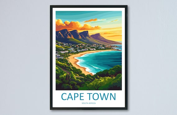 Cape Town Table Mountain Sunset Beach South Africa Vintage Travel Poster