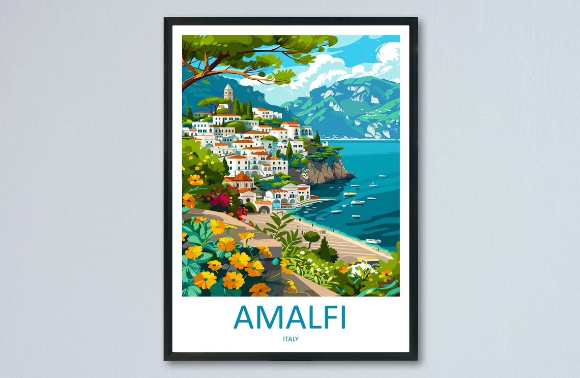 Amalfi Italy Cliffside Town Lemon Grove Sunny Bay Scene Poster