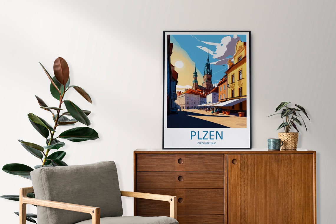 Plzen Czech Old Town Square Sunset Towers Travel Poster Europe - Image 2