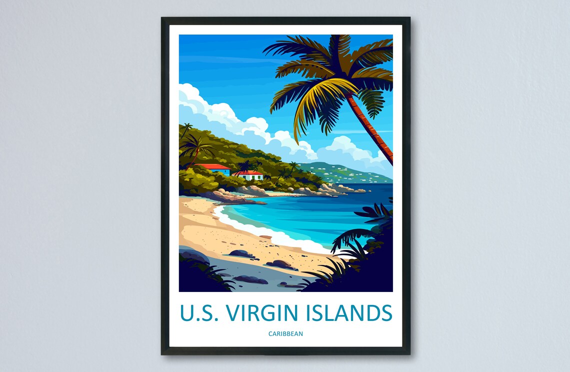 US Virgin Islands Caribbean Beach Palm Cove Vintage Travel Poster