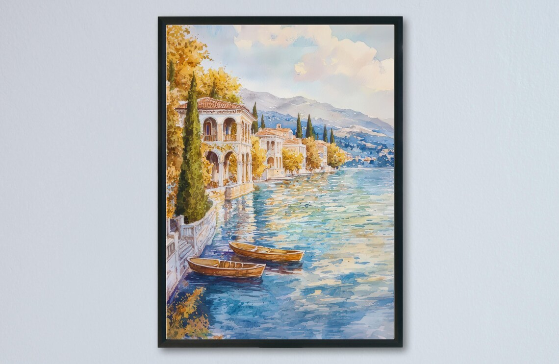 Ioannina Greece Watercolor Lakeside Villas Wooden Boats Travel Poster