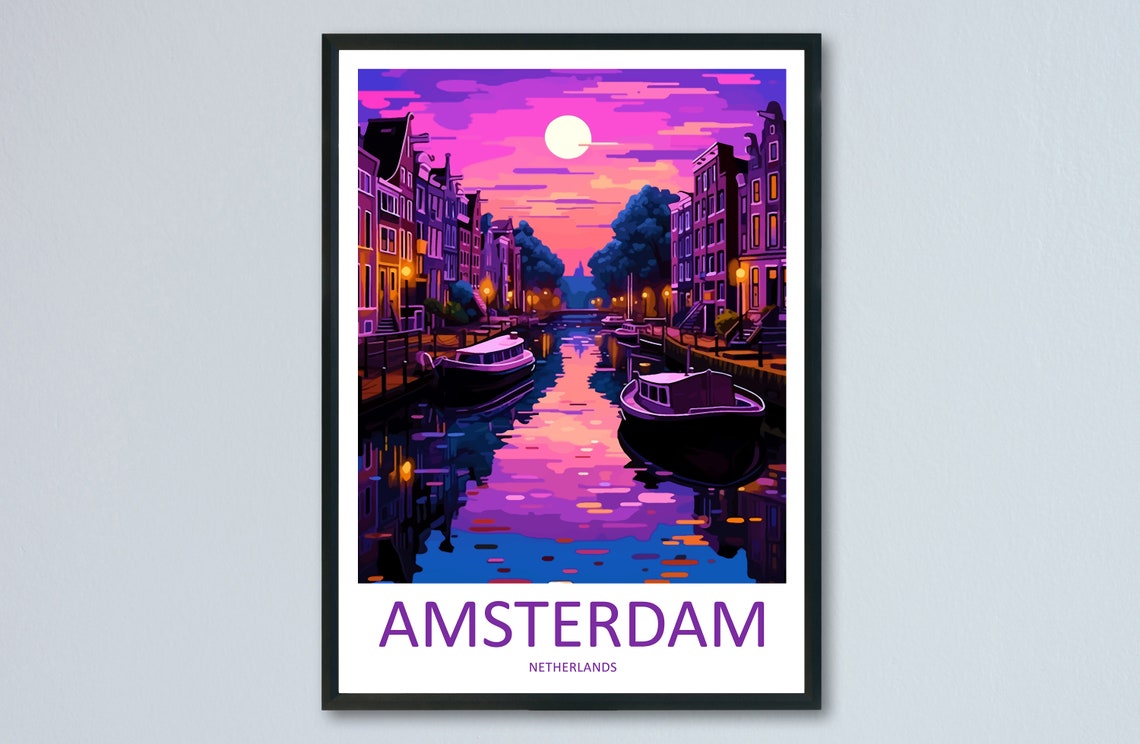 Amsterdam Netherlands Dreamy Canal Night Violet Purple Sky Poster