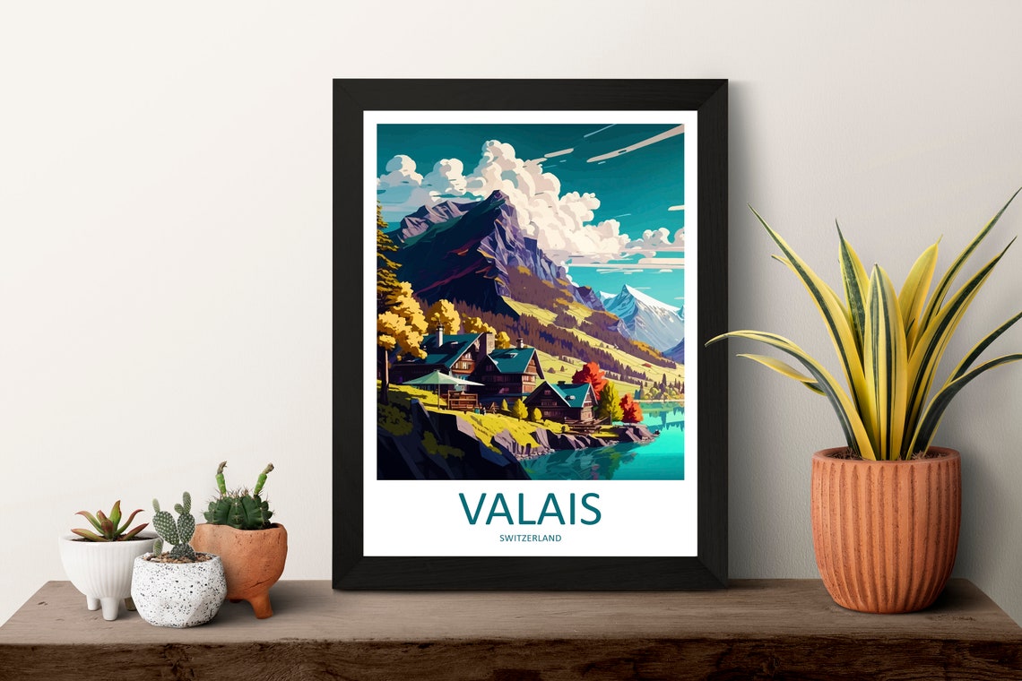 Valais Alpine Chalets With Lake and Mountain Peaks Travel Poster - Image 3