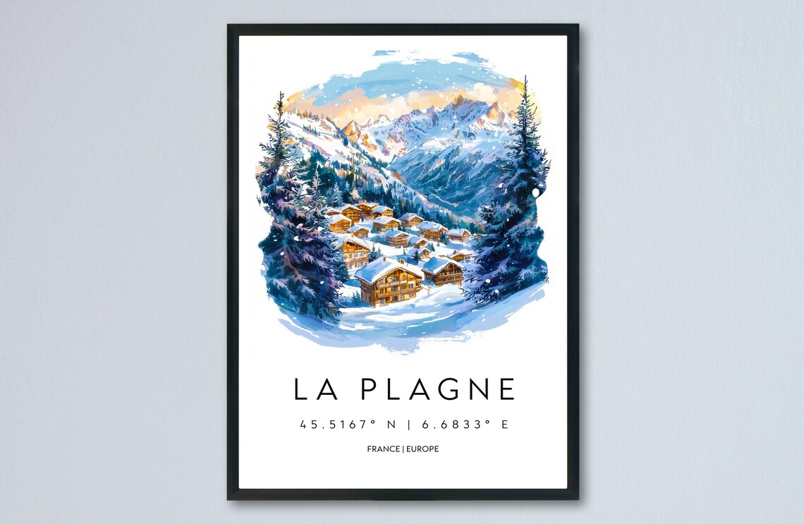 La Plagne Snowy Alpine Village Watercolor Travel Keepsake Poster