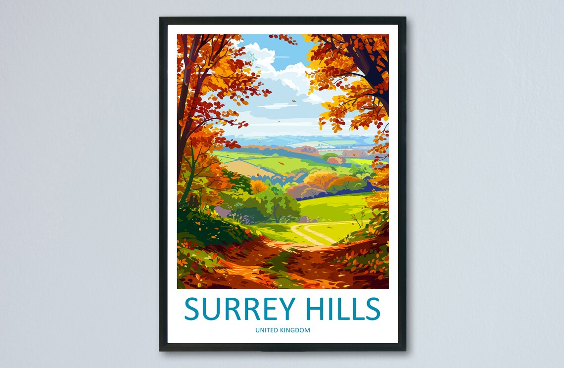 Surrey Hills England Travel Poster with an Autumn Valley Panorama View