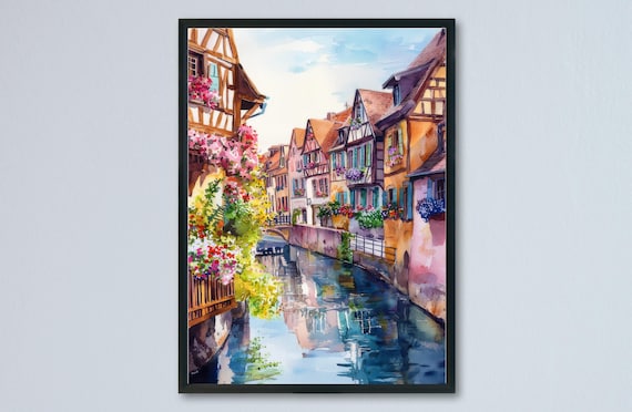 Colmar France Half Timbered Canal Flower Houses Watercolor Art Poster