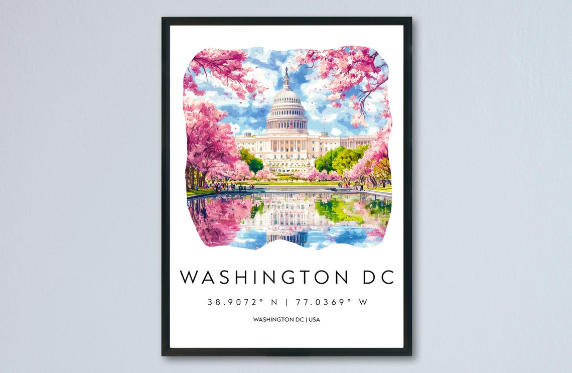 Washington DC Capitol Cherry Blossoms Spring Watercolor Poster
