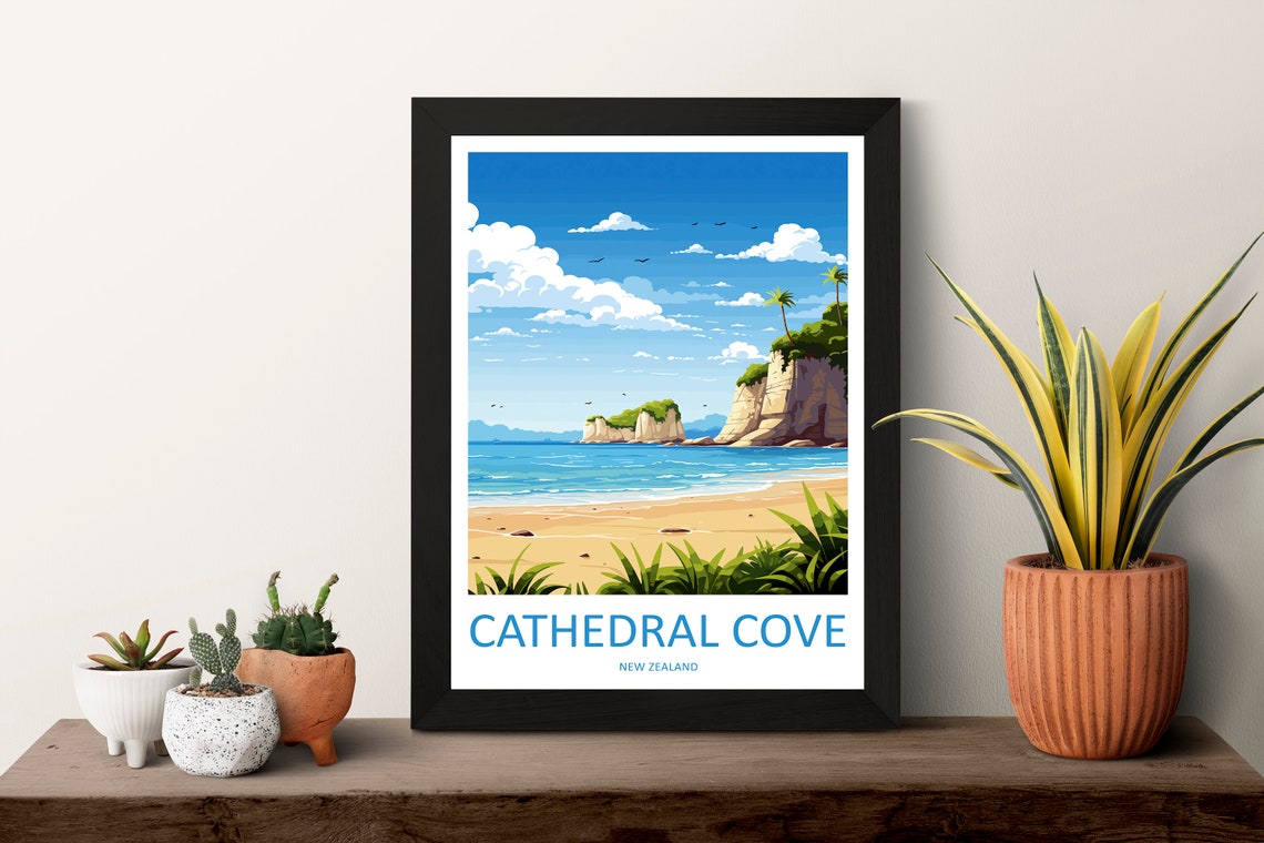 Cathedral Cove New Zealand Headland Palms Sandy Beach Poster - Image 3