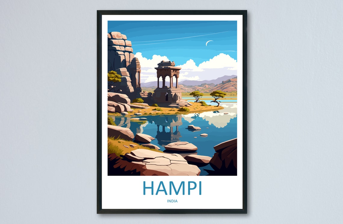 Retro Hampi Travel Poster with Illustrated Temple Ruins Scene