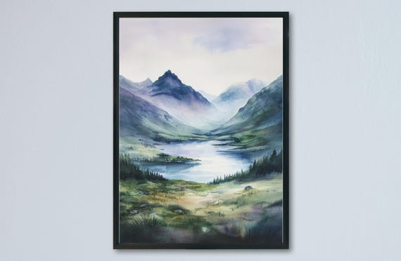 Scottish Highlands Watercolor Travel Poster, Landscape