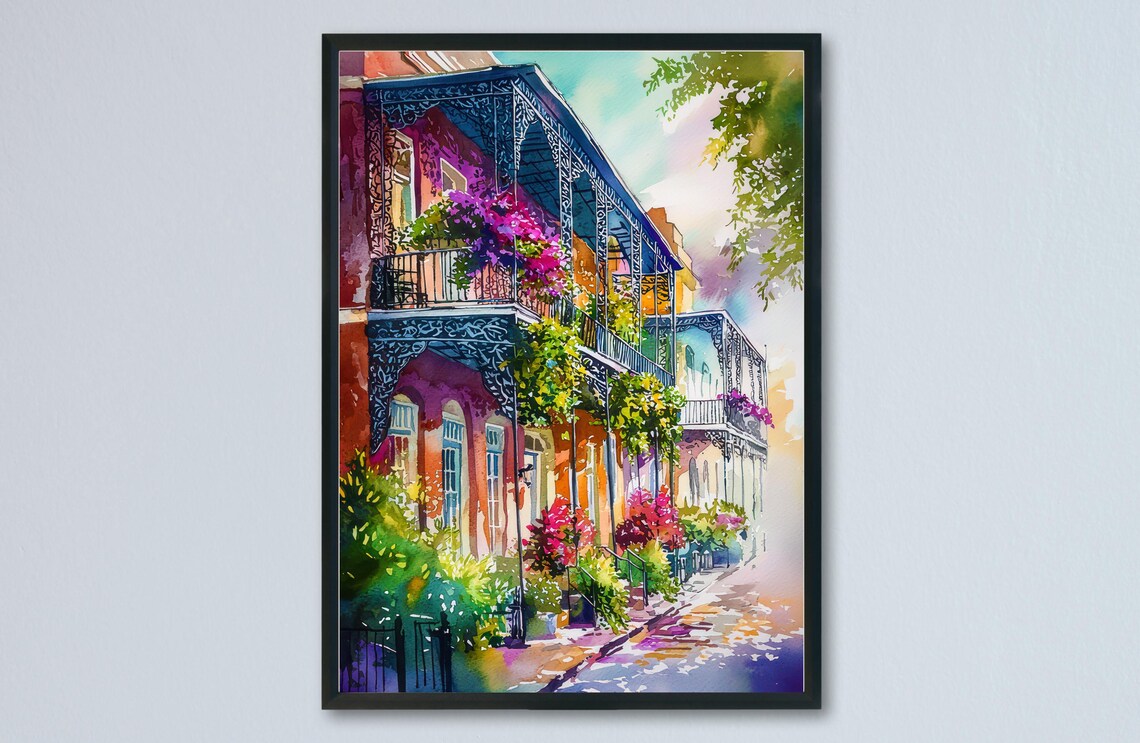 New Orleans French Quarter Balconies Floral Watercolor Poster