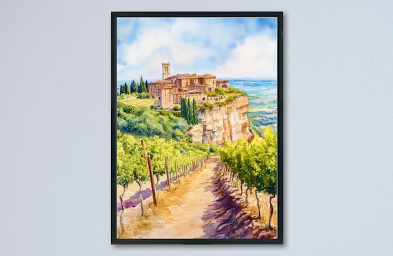 Orvieto Umbria Clifftop Town Watercolor Vineyard Valley Cypress View Poster