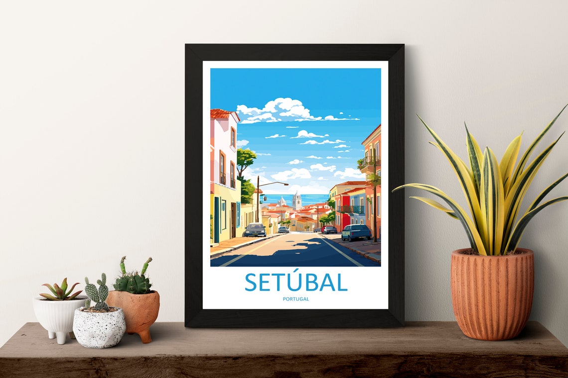 Setubal Portugal Sunny Street Red Rooftops Seaside View Poster - Image 3