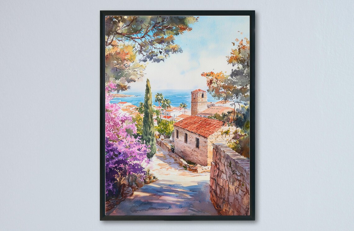 Rhodes Greece Old Town Tower Seaside Watercolor Travel Poster