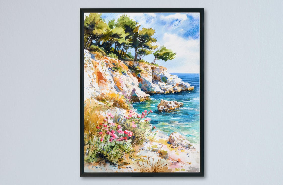 Halkidiki Greece Rocky Cove Pine Watercolor Coastal Art Poster
