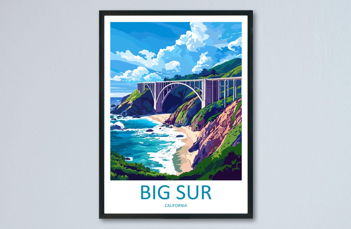 Big Sur Travel Poster Wall Art Coastal Cliff Print Pacific View Illustration Highway One Decor Gift Souvenir Scene