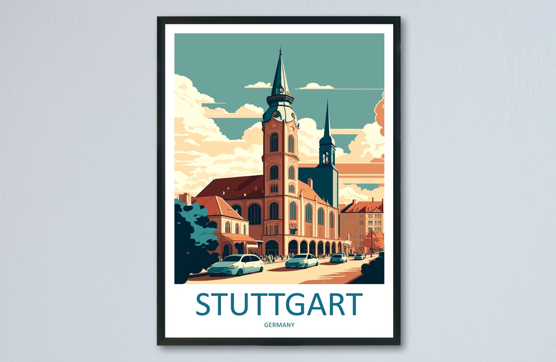 Stuttgart Germany Old Town Church Retro Travel Illustration Poster