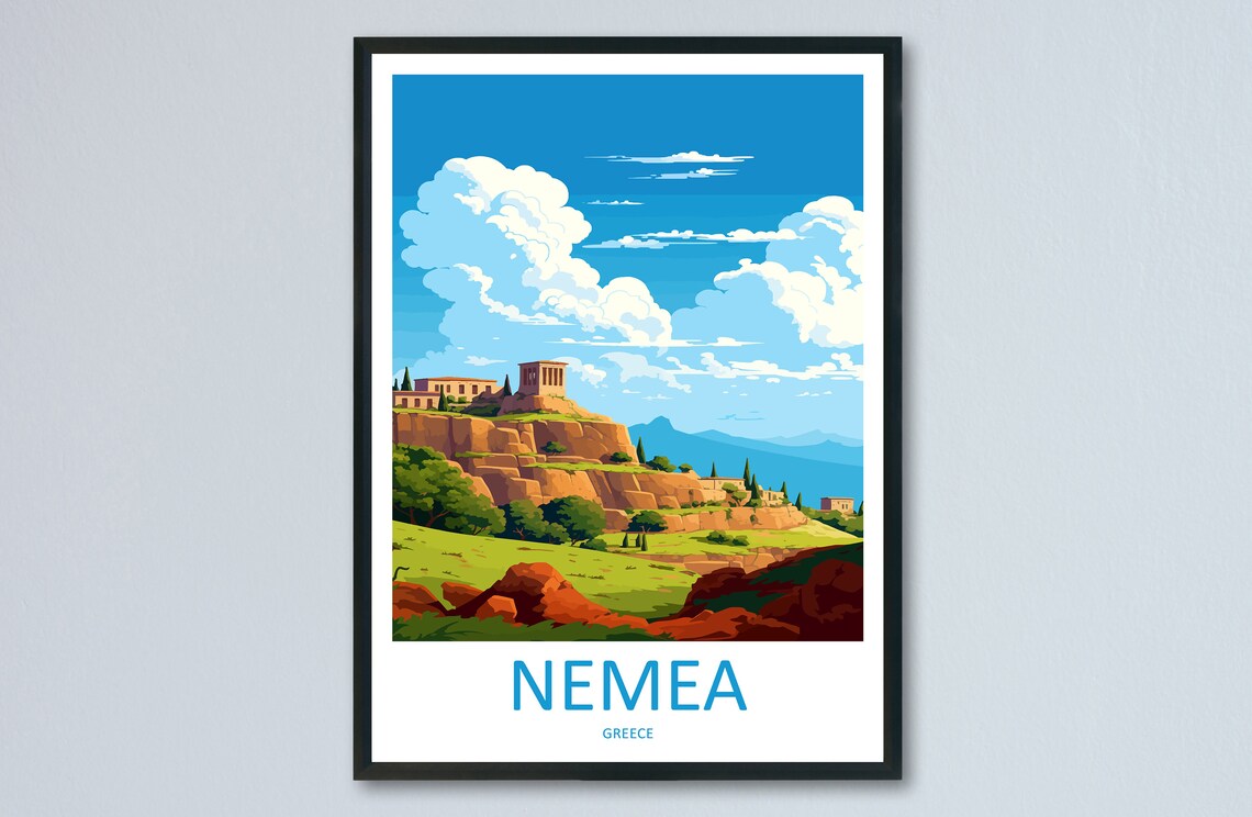 Nemea Greece Ancient Temple Ruins Rocky Hilltop Vista Travel Poster