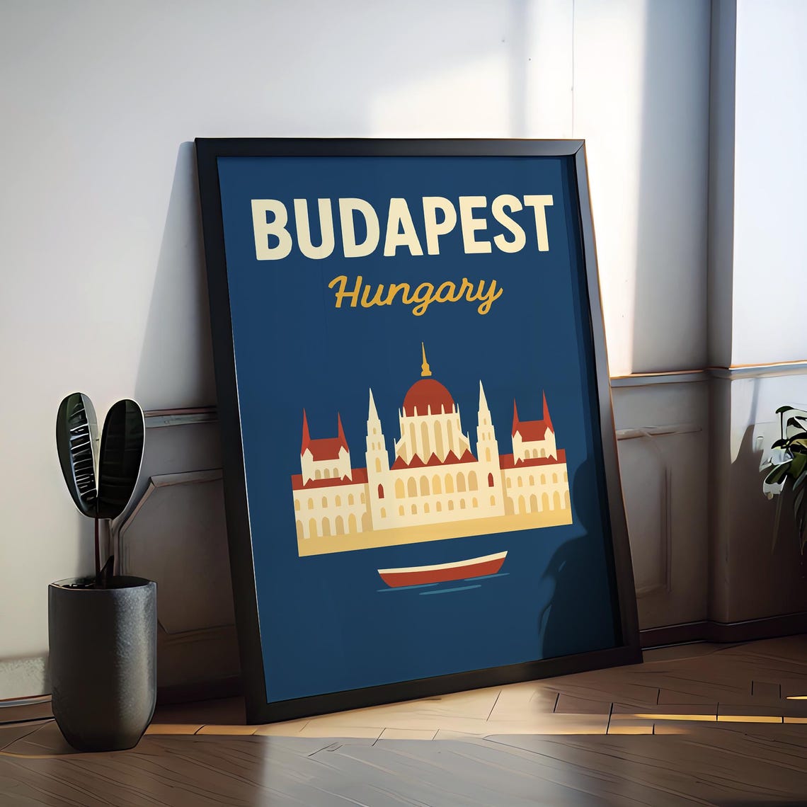 Budapest Hungary Parliament Building Night Preppy Travel Poster